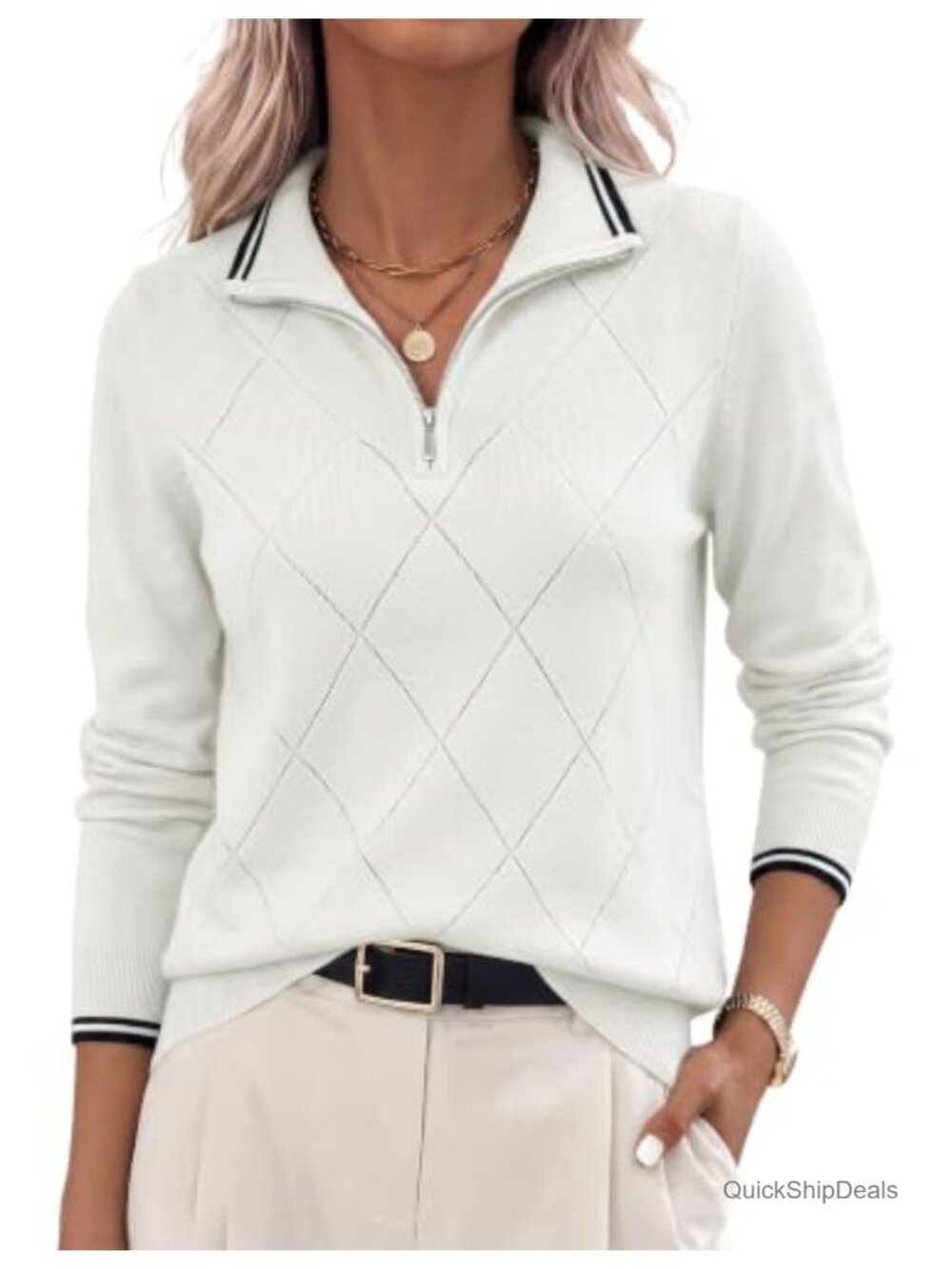 Ribbed Knit Quarter Zip Pullover Sweater with Foldover Collar